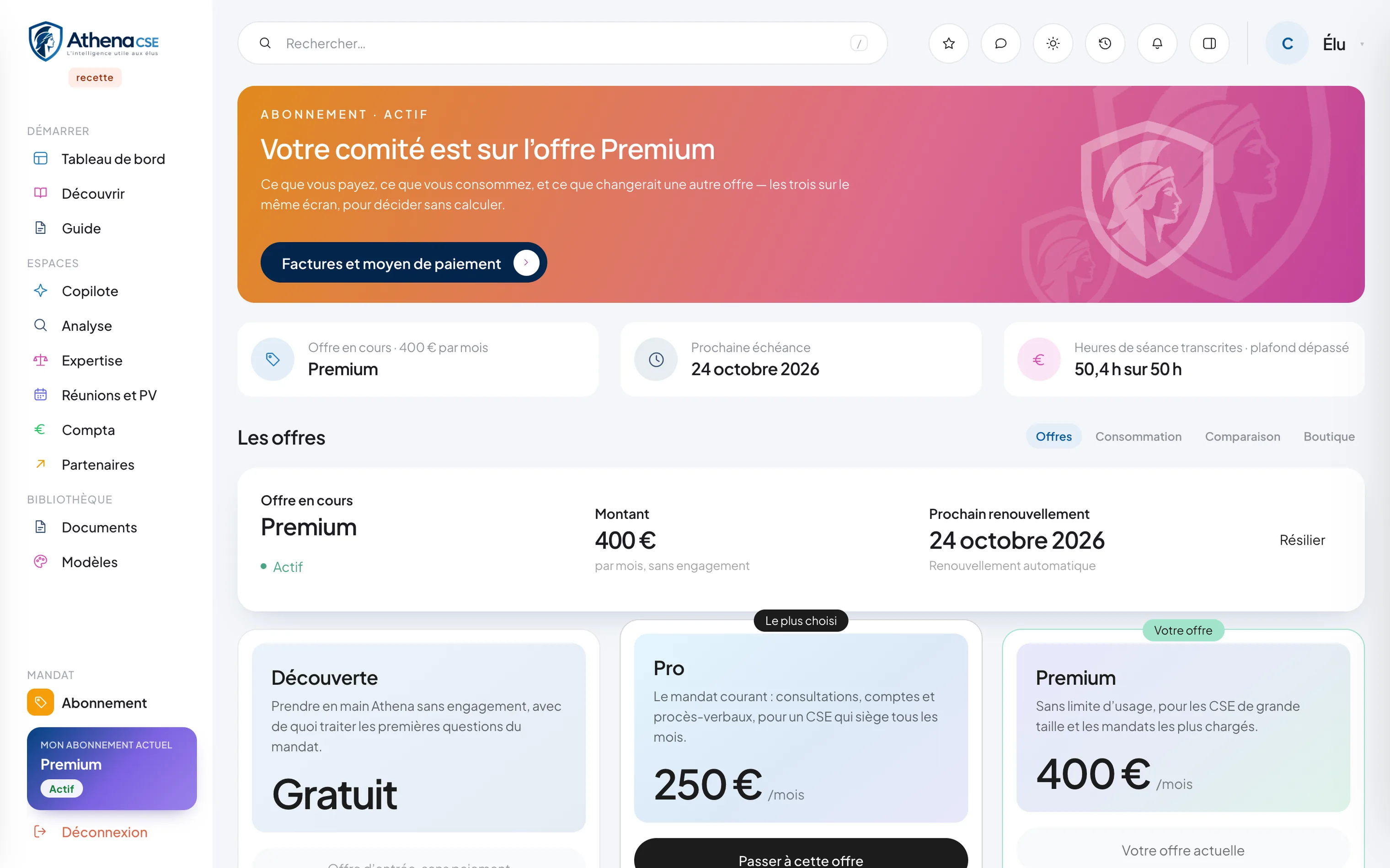 L’écran d’abonnement : l’offre en cours, la prochaine échéance, et la consommation du mois face à ce que chaque offre autorise.