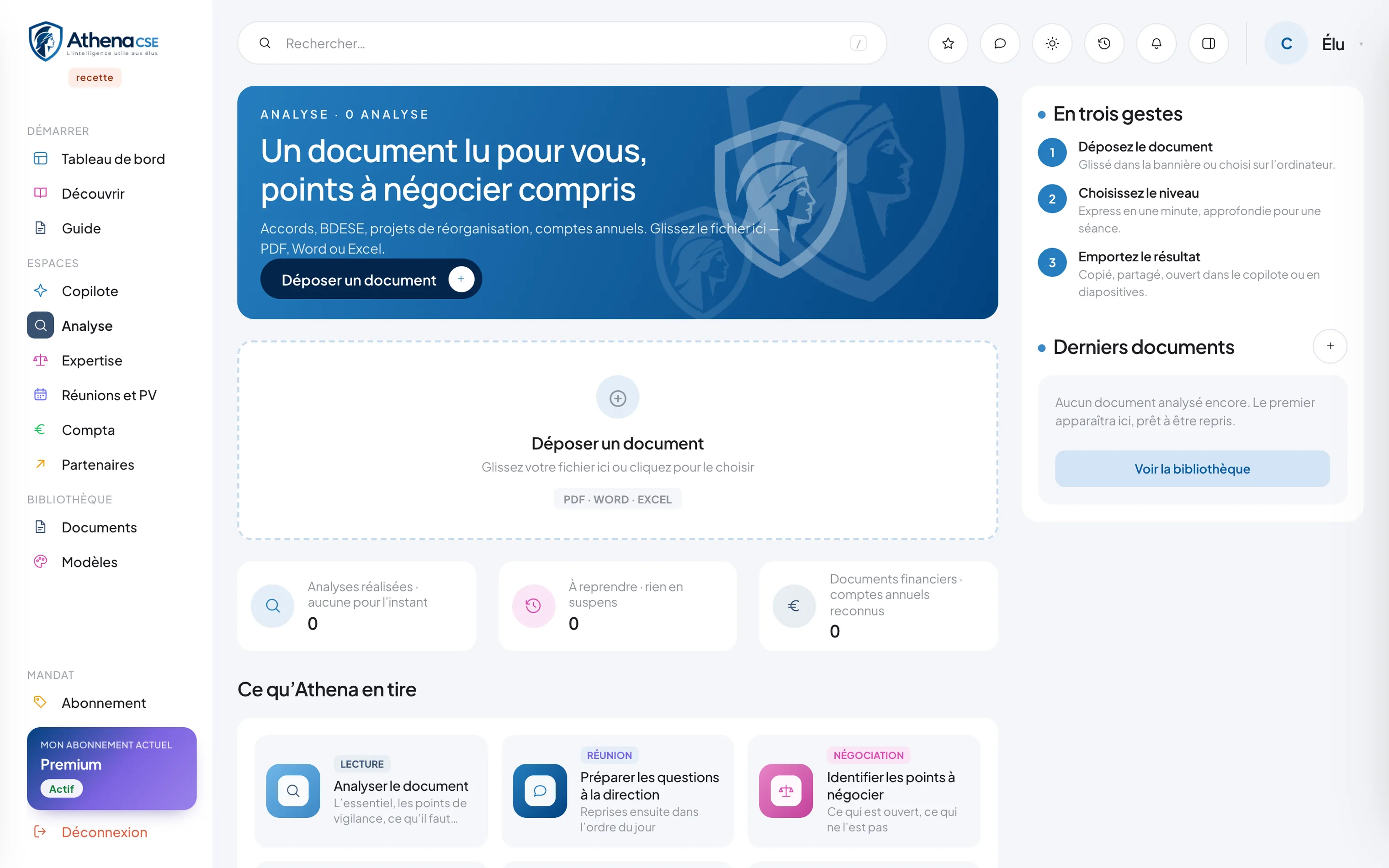 L’espace Analyse : la zone de dépôt d’un accord ou d’une BDESE, les analyses réalisées, et les six choses qu’Athena en tire — points à négocier, questions à la direction, comparaison de deux versions.